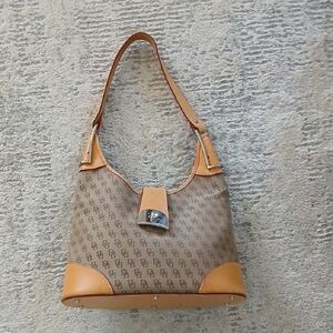 Dooney & Bourke Tan Monogram Hobo Shoulder Bag with Light Tan Trim